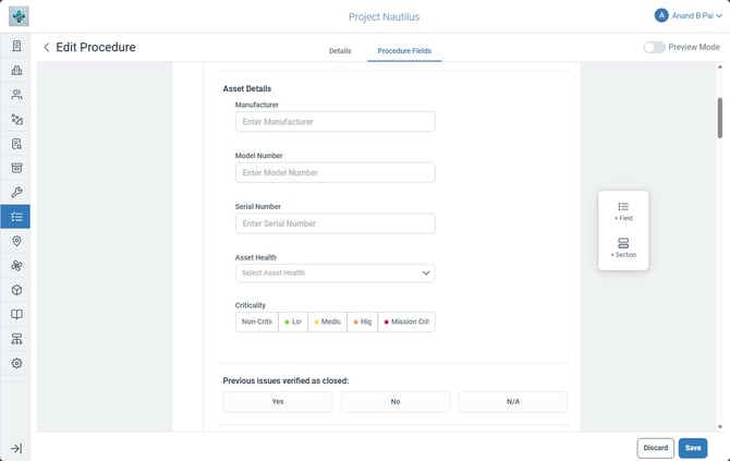 Procedures - Field and Section Details