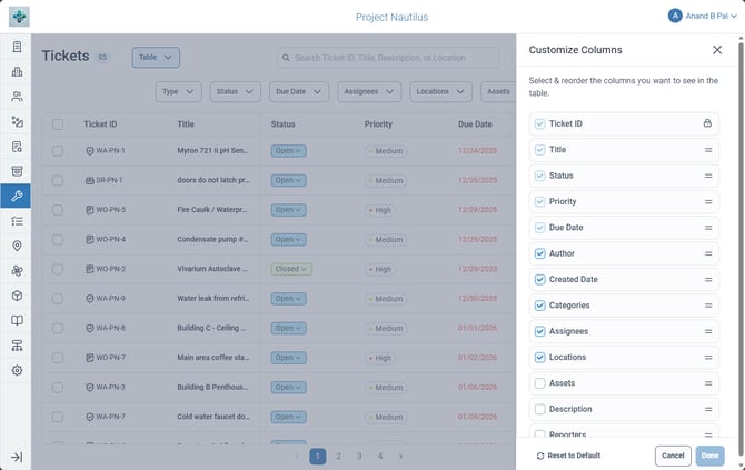 Work Orders - Customize Columns